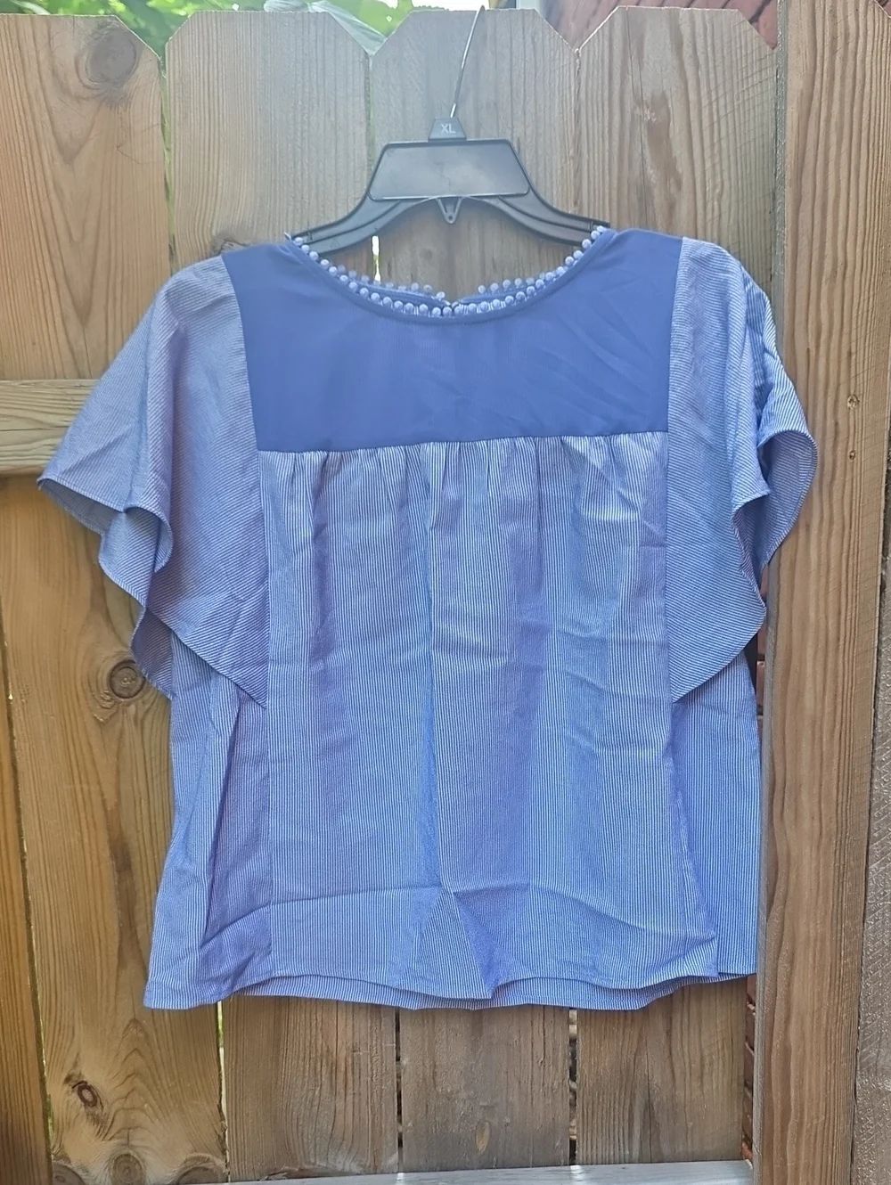 Blue Short-Sleeve Ruffle Yoke Women's Top